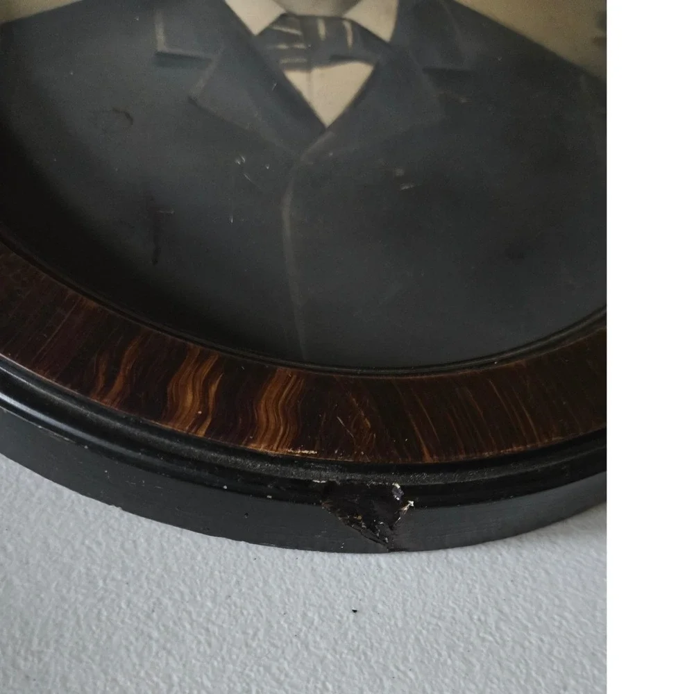 Antique Victorian Oval Crayon Portrait Man Tiger Wood Frame 1800s Folk Art